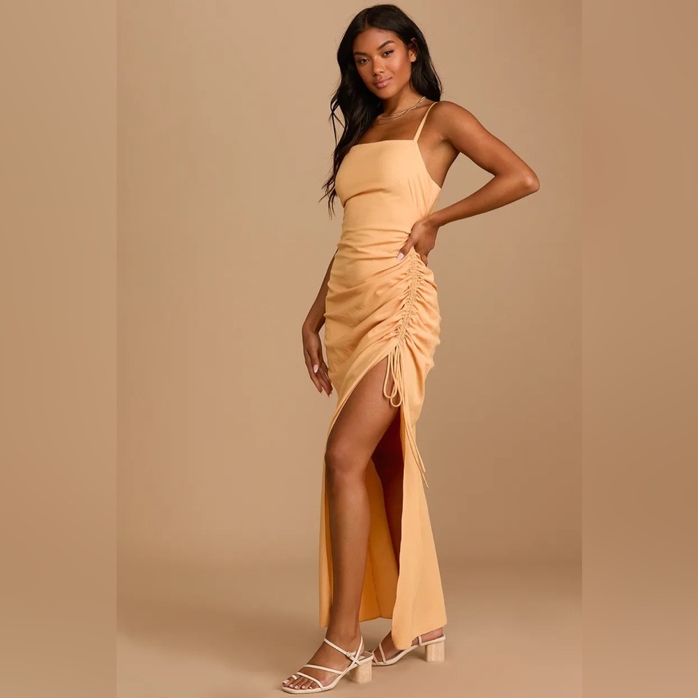 Love You Like I Do Light Orange Ruched Drawstring Maxi Dress